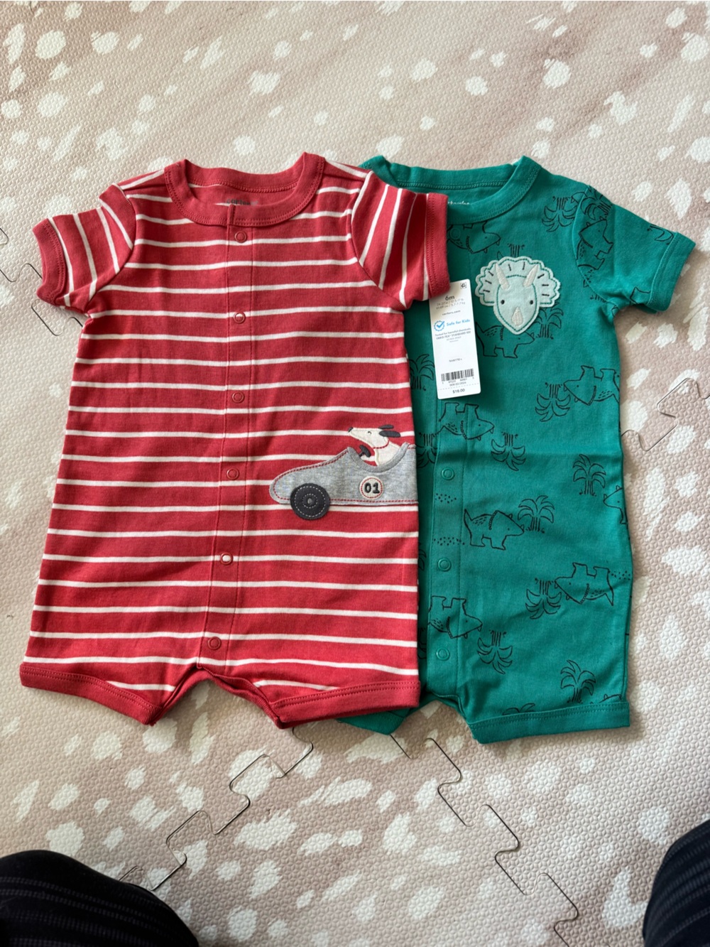 Carter's Red Striped & Teal Dino Short-Sleeve Rompers Set